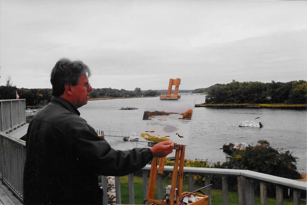 Painting in progress on John Stobart's back deck